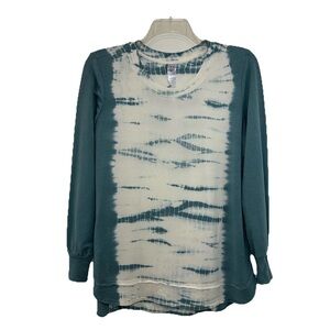 TE VERDE Women Top Womens Large Tie-Dye Pullover Teal White Long Sleeve